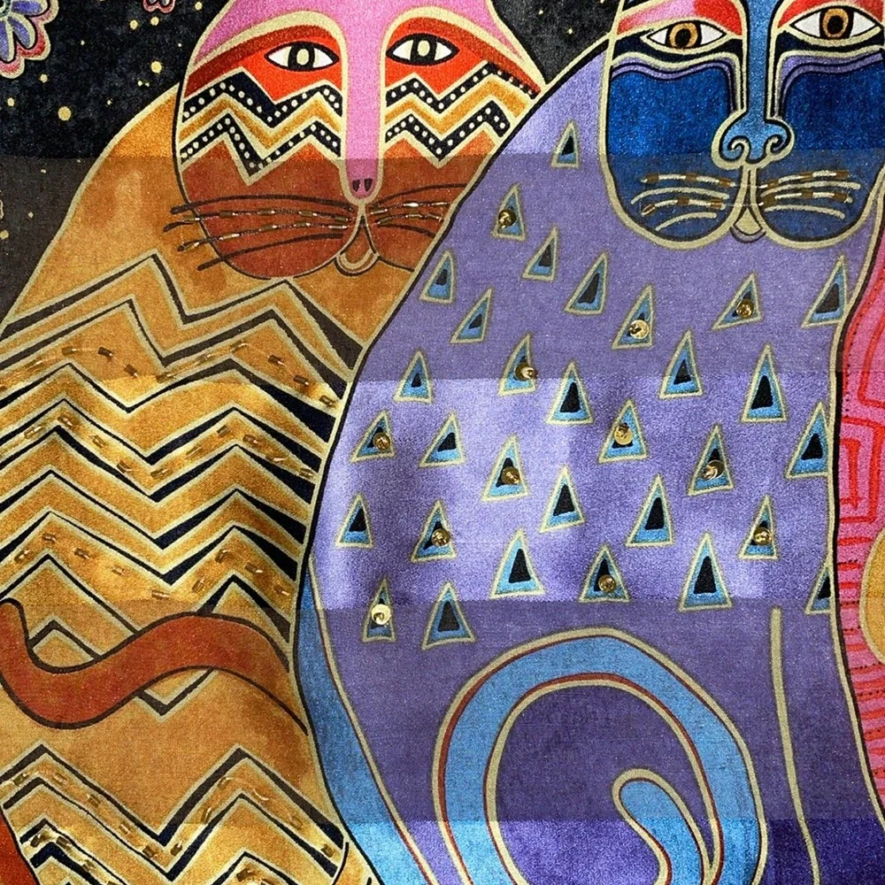 Vintage Laurel Burch Cat Scarf, Silk with Beaded and Sequin Accents